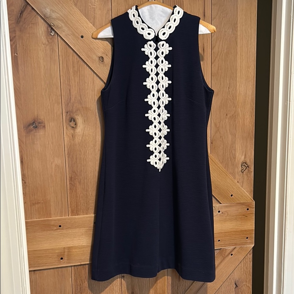 Navy Sleeveless Dress with White Lace Detail